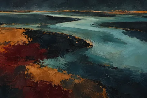 A shoal seen as bands of turquoise in black, forest green, burgundy, charcoal; landscape artwork.