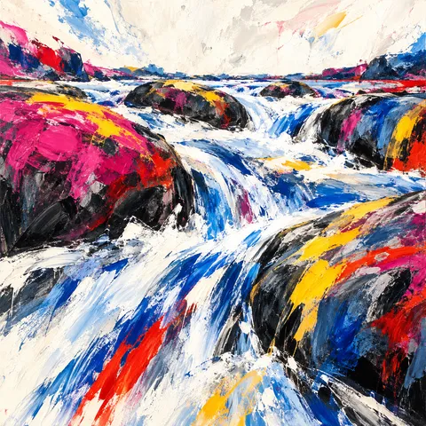A creek running over smooth stones in white, black, cream, blue; square artwork.