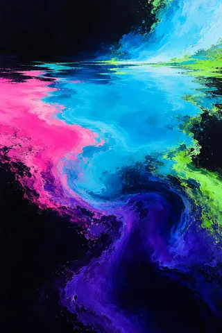 A pool of still water under a bright sky in black, blue, sky blue, pink; portrait artwork.