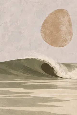 A single swell about to break in cream, sand, stone, olive; portrait artwork.
