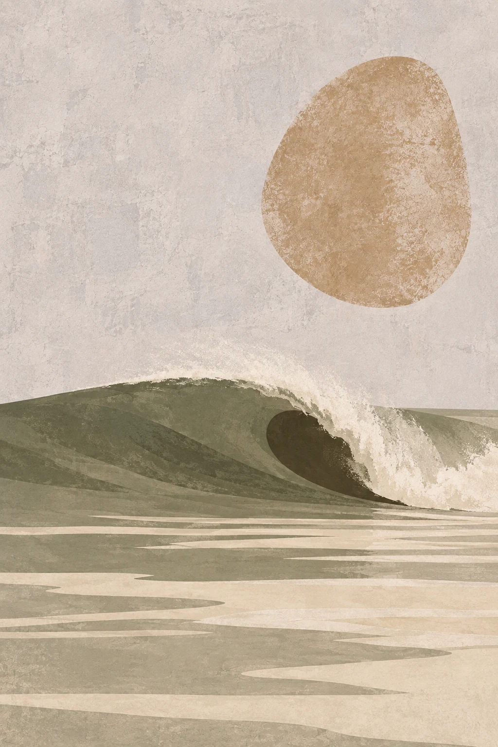 A single swell about to break in cream, sand, stone, olive; portrait artwork.