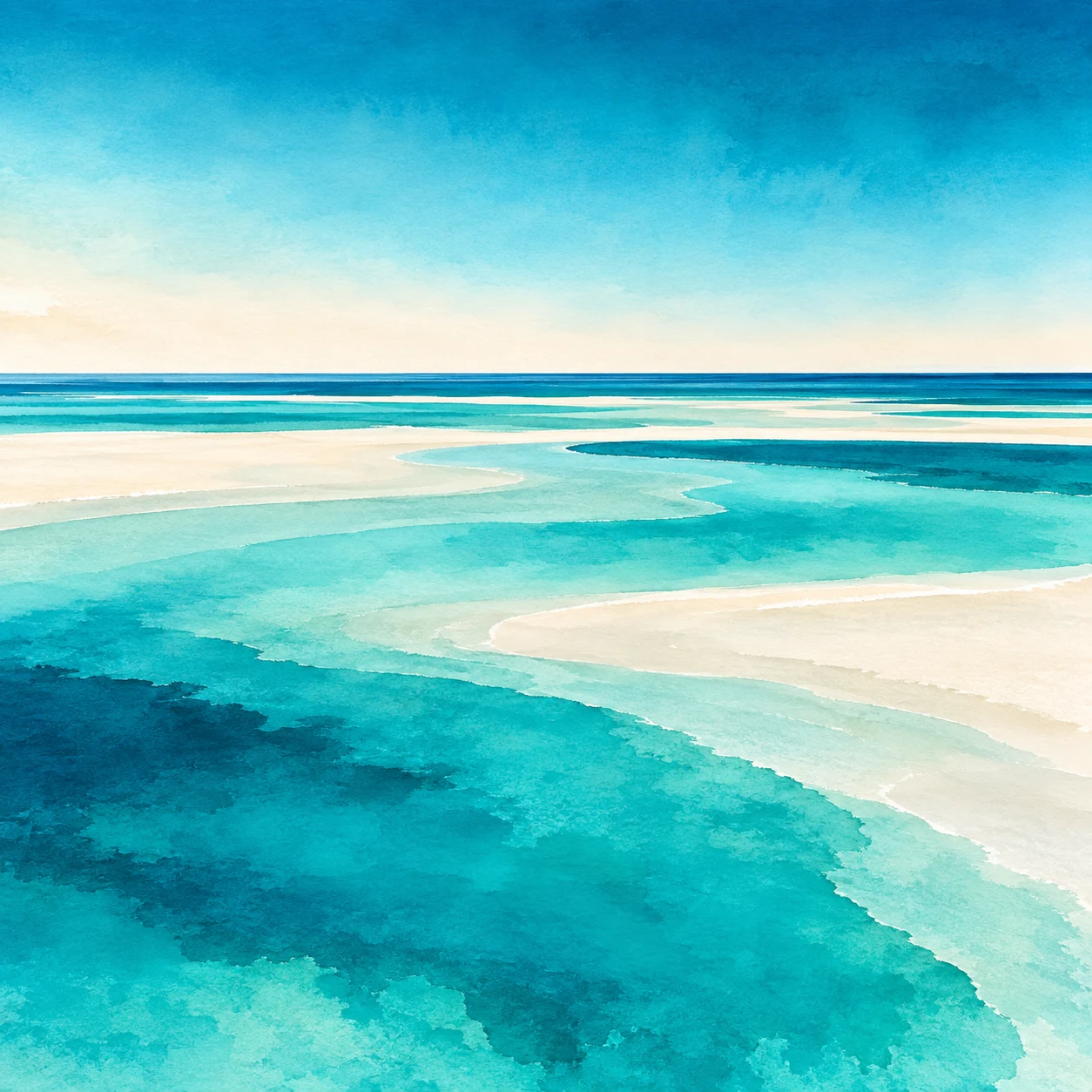 A shoal seen as bands of turquoise in teal, sky blue, white, cream; square artwork.