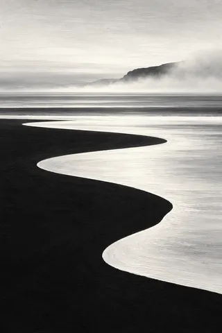 Horizon bands dissolving into morning fog in black, cream, stone, white; portrait artwork.