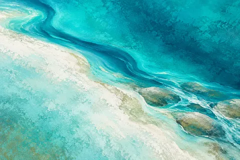 A creek running over smooth stones in teal, cream, sky blue, sage; landscape artwork.