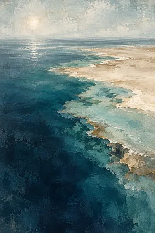 A reef edge where shallow meets deep in stone, navy, cream, black; portrait artwork.