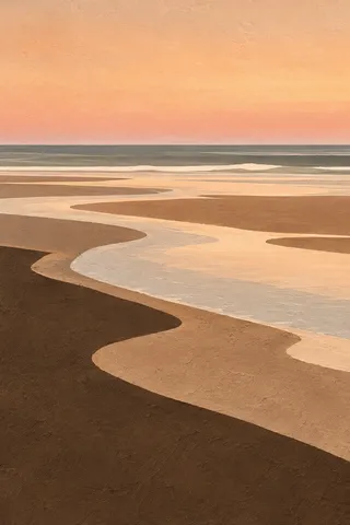 Wet sand ribbons left by the tide in blush, ochre, brown, cream; portrait artwork.