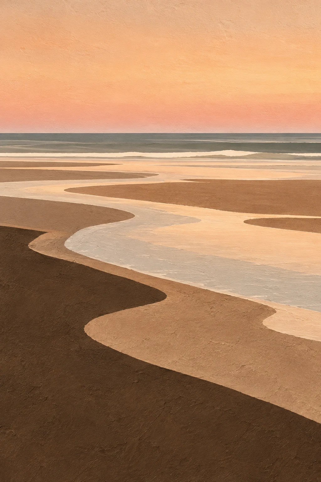 Wet sand ribbons left by the tide in blush, ochre, brown, cream; portrait artwork.