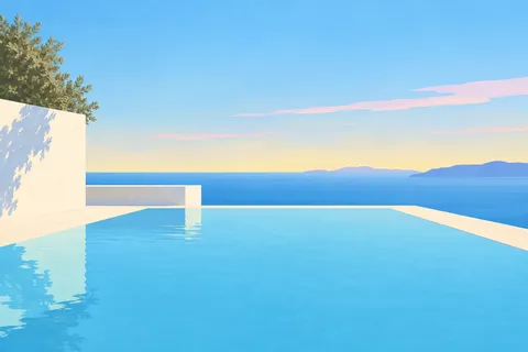 A pool of still water under a bright sky in sky blue, cream; landscape artwork.