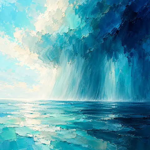 Rain veils walking across open water in sky blue, white, navy, blue; square artwork.