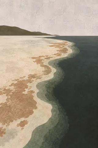 A reef edge where shallow meets deep in cream, stone, charcoal, black; portrait artwork.