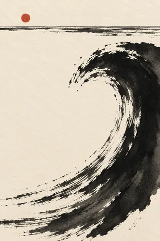 A wave face curling, reduced to three colors in cream, black, charcoal, gray; portrait artwork.
