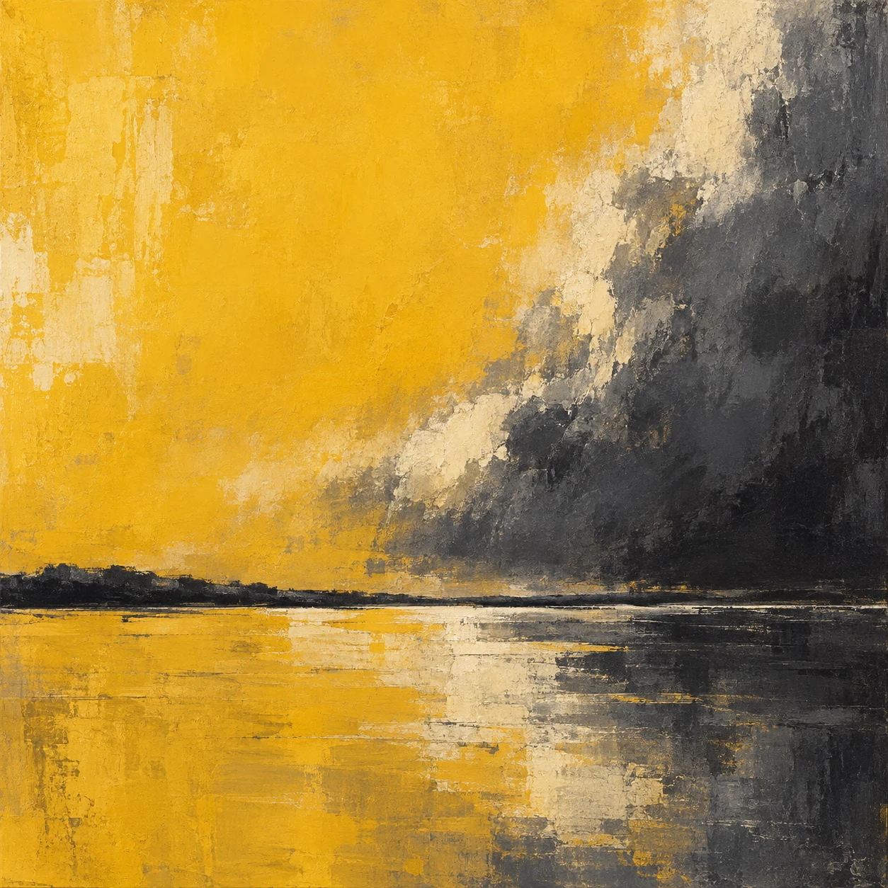 A lake surface before a storm in yellow, charcoal, black, ochre; square artwork.