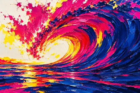 A wave face curling, reduced to three colors in red, navy, black, cream; landscape artwork.