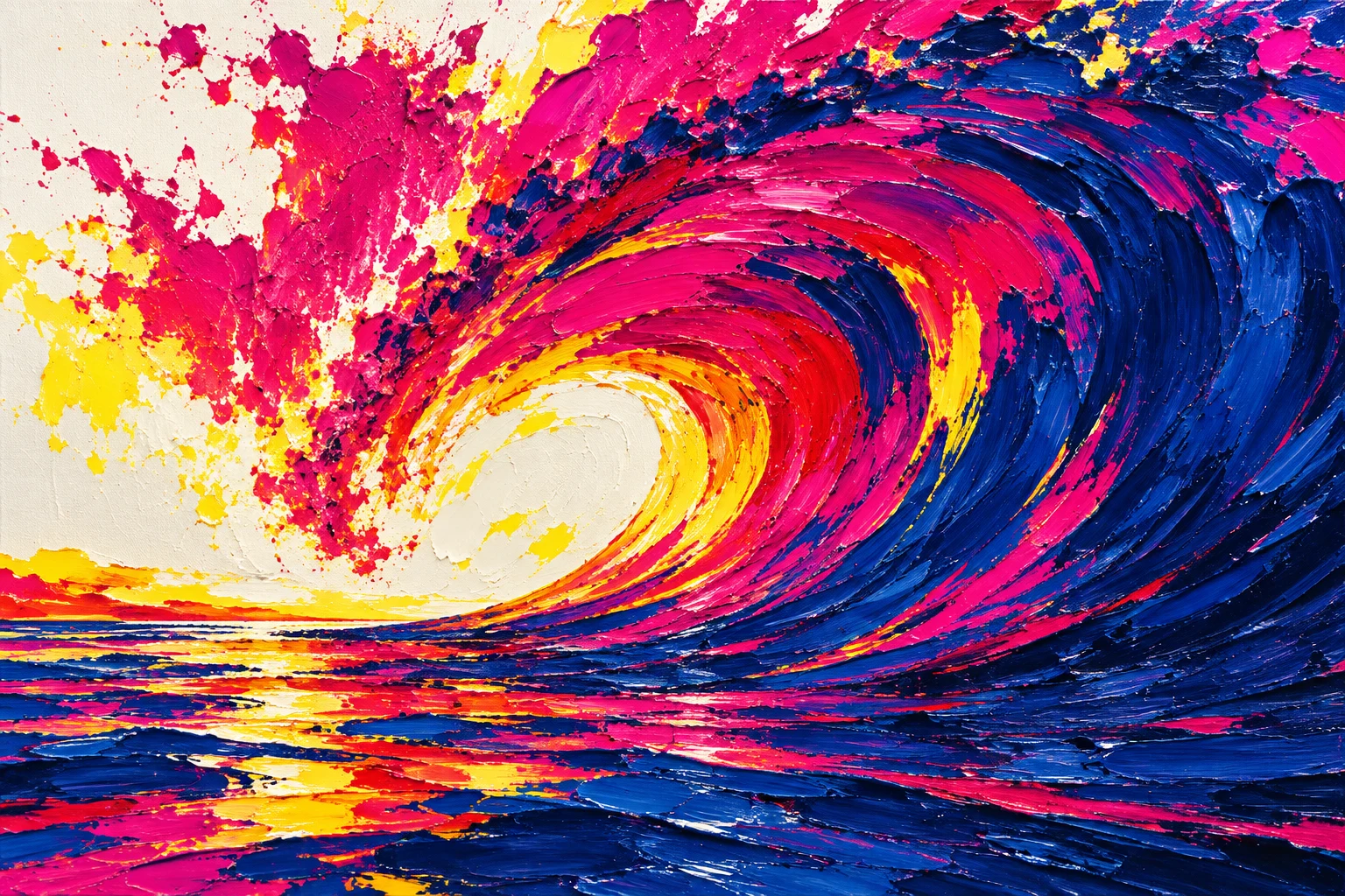 A wave face curling, reduced to three colors in red, navy, black, cream; landscape artwork.