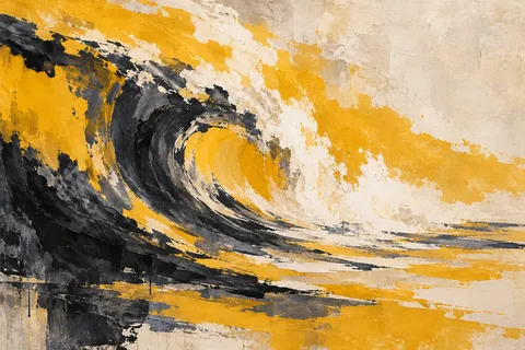 A single swell about to break in cream, yellow, black, brown; landscape artwork.