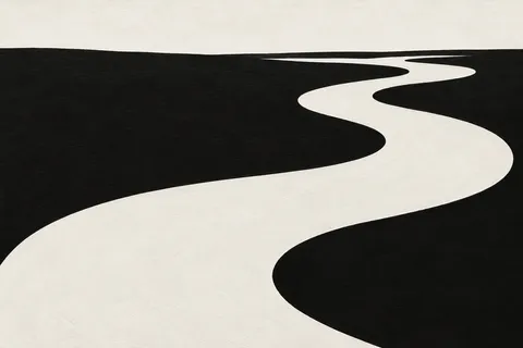 A river bend seen from high above in black, cream, white, charcoal; landscape artwork.