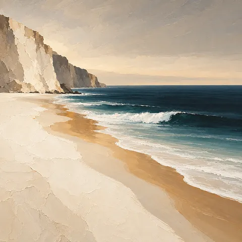 A pale beach meeting a dark sea in cream, sand, stone, sage; square artwork.