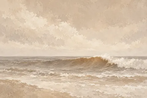 A single swell about to break in stone, cream, sand; landscape artwork.