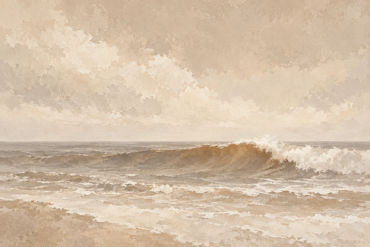 A single swell about to break in stone, cream, sand; landscape artwork.