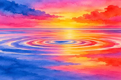 Ripples spreading from a single point in pink, blue, lavender, yellow; landscape artwork.