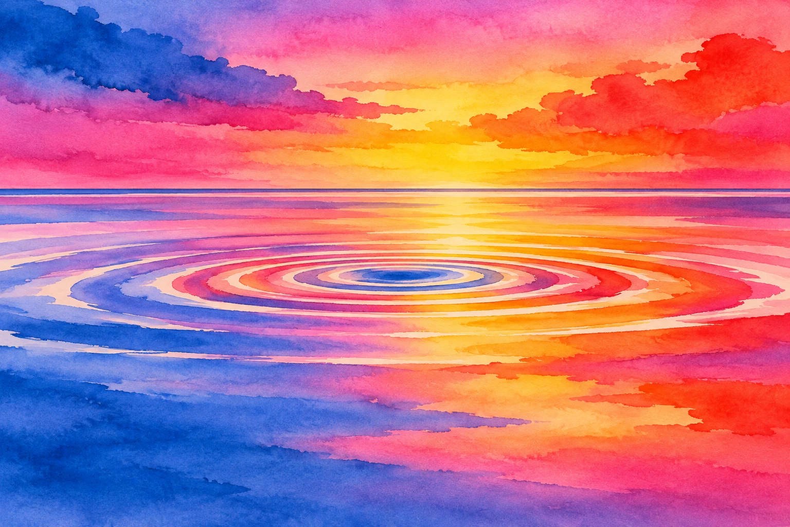 Ripples spreading from a single point in pink, blue, lavender, yellow; landscape artwork.
