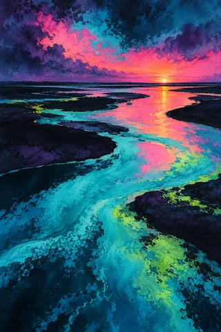 A slow river catching evening light in teal, black, pink, navy; portrait artwork.