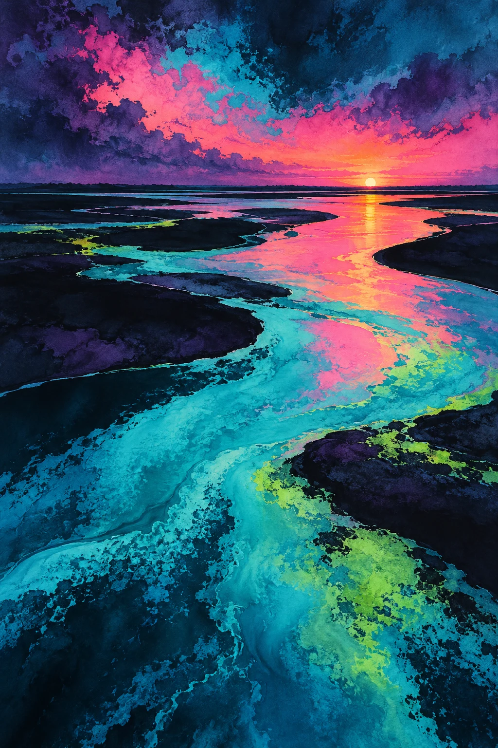 A slow river catching evening light in teal, black, pink, navy; portrait artwork.