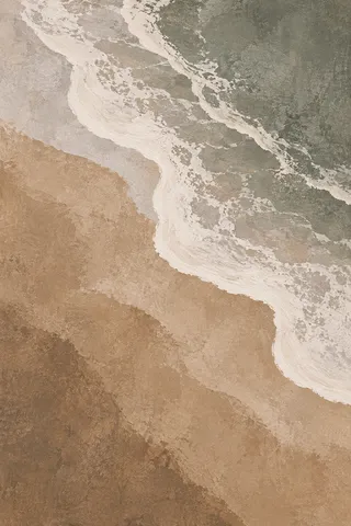 A shoreline foam line from directly overhead in sage, taupe, sand, stone; portrait artwork.