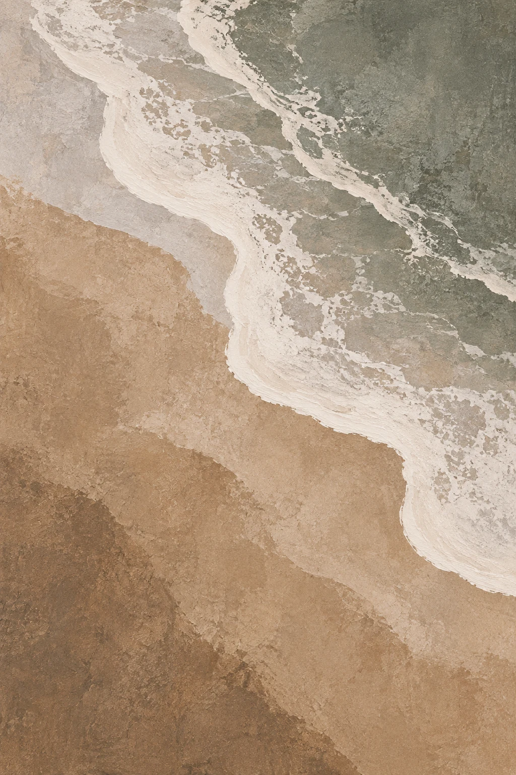 A shoreline foam line from directly overhead in sage, taupe, sand, stone; portrait artwork.