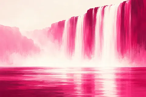 A waterfall reduced to vertical strokes in white, red, blush, pink; landscape artwork.