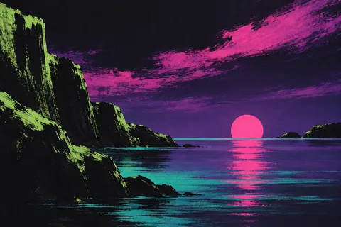 A still bay with one low sun on the water in black, purple, navy, charcoal; landscape artwork.