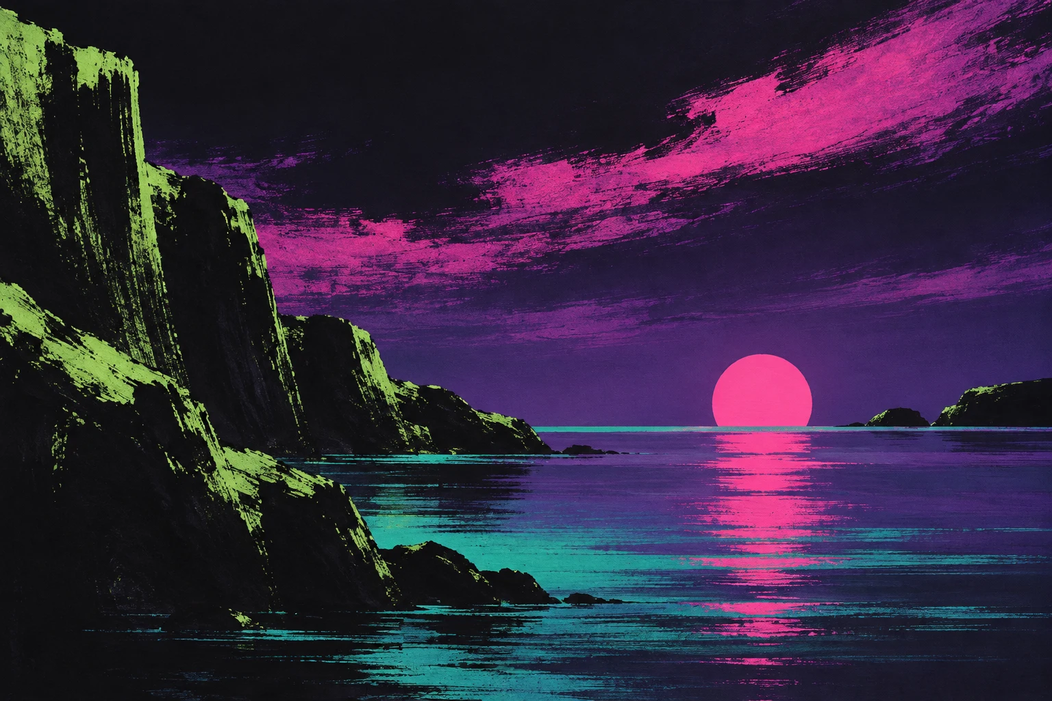A still bay with one low sun on the water in black, purple, navy, charcoal; landscape artwork.