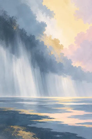 Rain veils walking across open water in cream, gray, stone, blue; portrait artwork.
