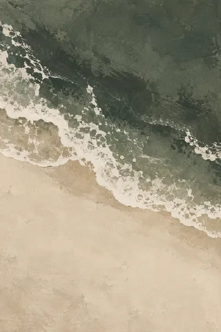 A shoreline foam line from directly overhead in stone, charcoal, cream, sage; portrait artwork.