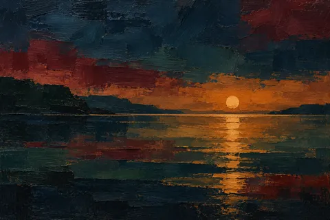 A still bay with one low sun on the water in black, rust, charcoal; landscape artwork.