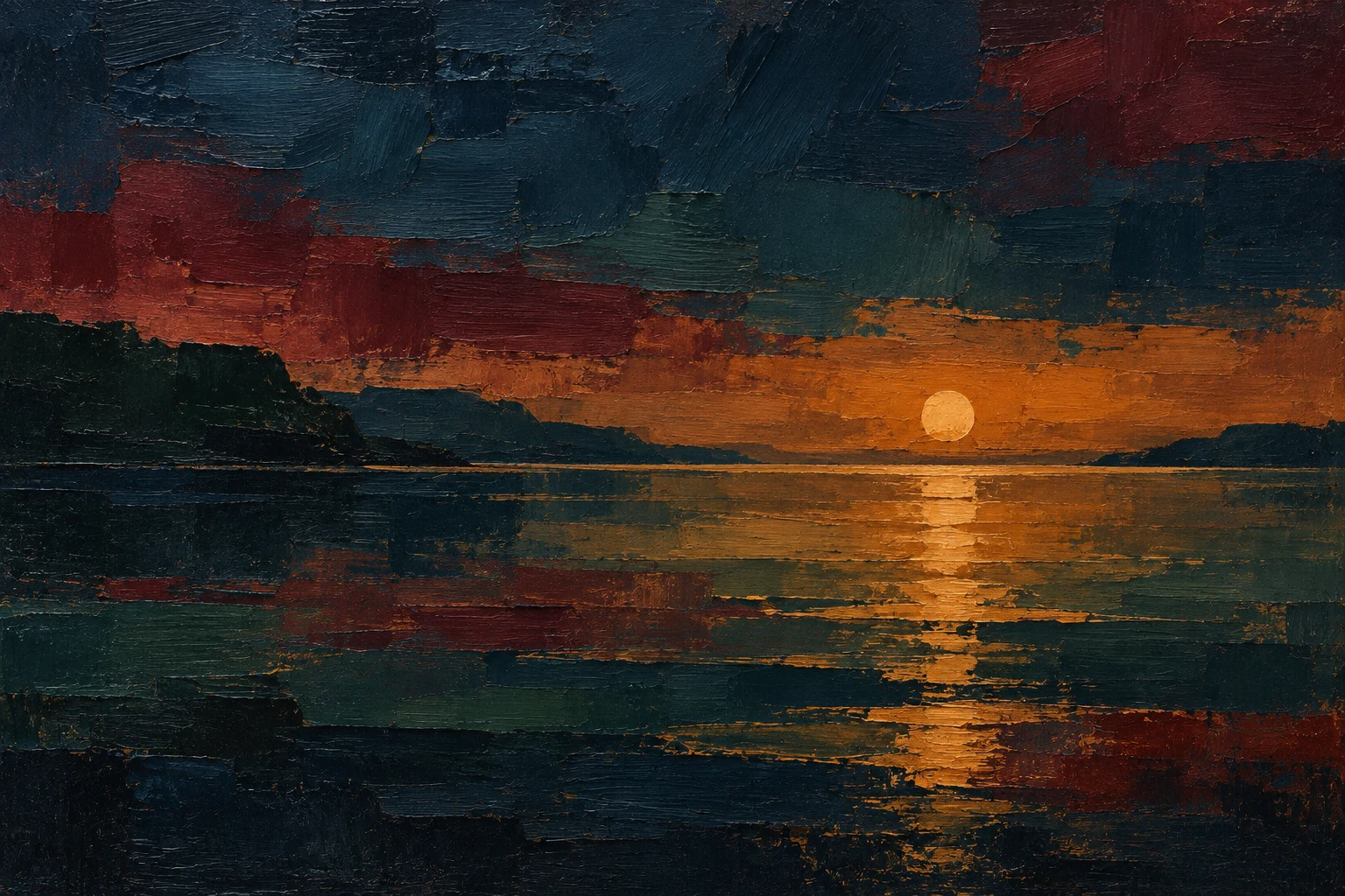 A still bay with one low sun on the water in black, rust, charcoal; landscape artwork.