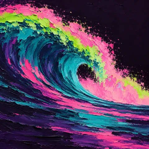 An enormous breaking wave seen from the side in black, navy, pink, burgundy; square artwork.