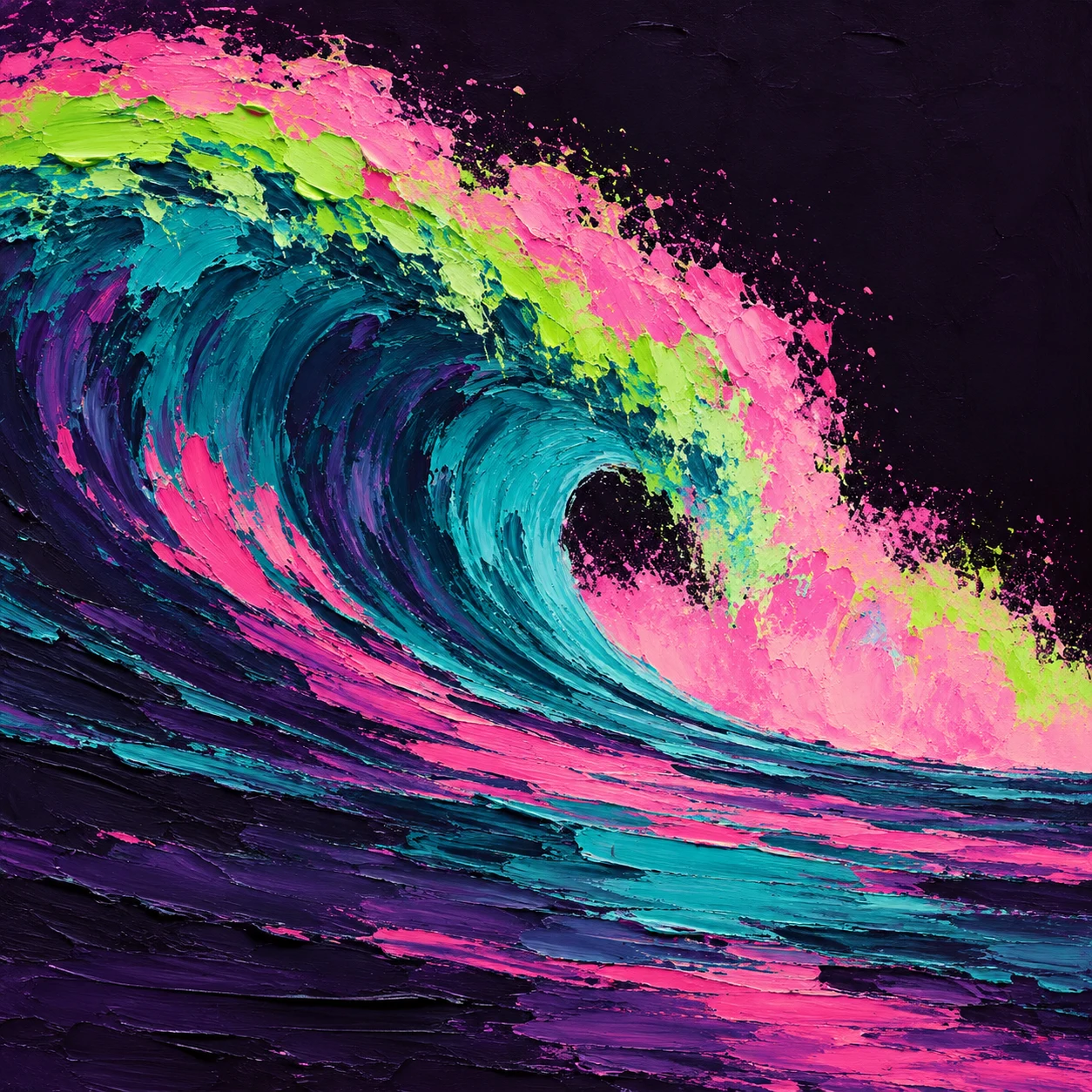 An enormous breaking wave seen from the side in black, navy, pink, burgundy; square artwork.
