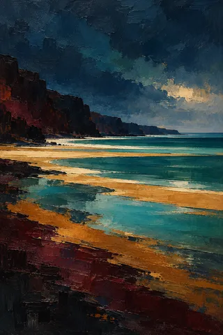 A shoal seen as bands of turquoise in black, navy, teal, taupe; portrait artwork.