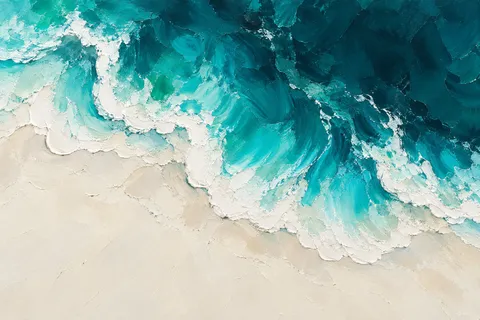 A shoreline foam line from directly overhead in cream, teal, navy, sky blue; landscape artwork.