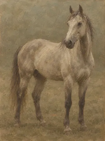 A horse standing three-quarters on in a paddock in taupe, olive, sage, brown; portrait artwork.