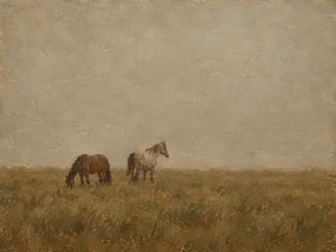Two horses at distance across a field in sage, sand, brown, olive; landscape artwork.