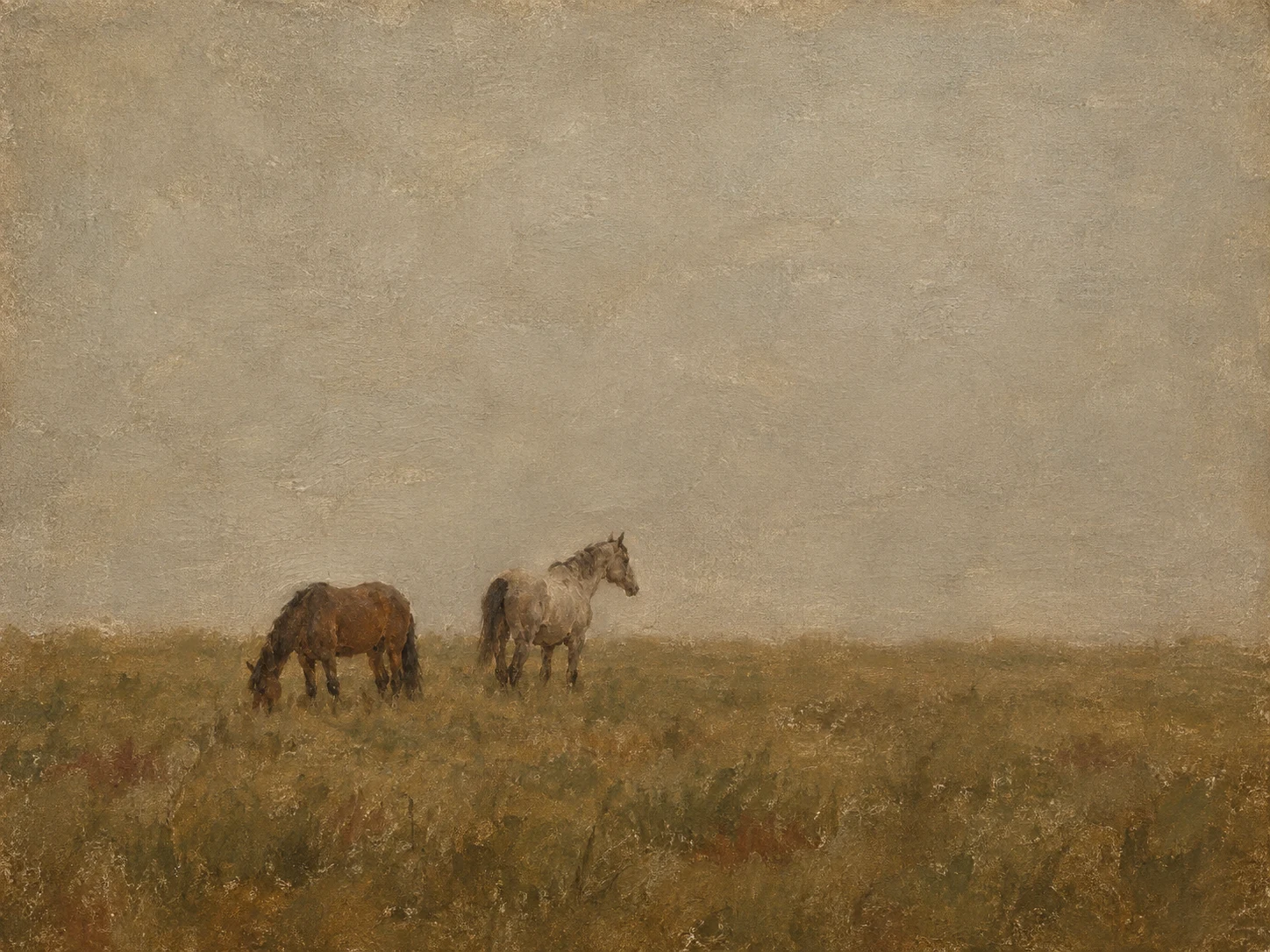 Two horses at distance across a field in sage, sand, brown, olive; landscape artwork.