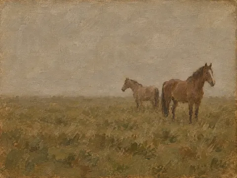 Two horses at distance across a field in sage, olive, brown, taupe; landscape artwork.
