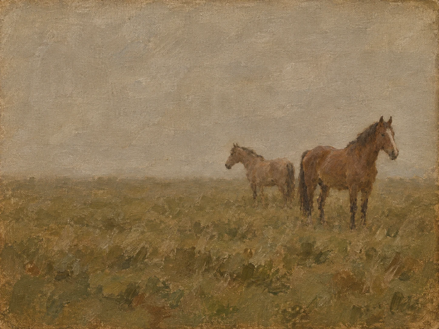 Two horses at distance across a field in sage, olive, brown, taupe; landscape artwork.