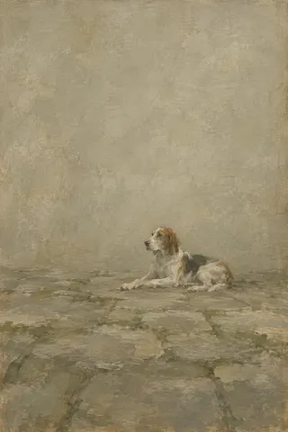 A hound lying on a stone floor in sage, sand, taupe, olive; portrait artwork.