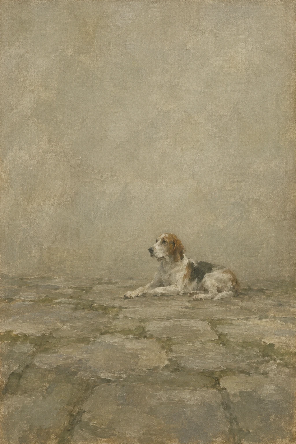 A hound lying on a stone floor in sage, sand, taupe, olive; portrait artwork.