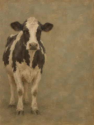 A dairy cow head-on in flat light in taupe, olive, brown, sage; portrait artwork.