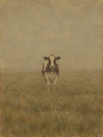 A dairy cow head-on in flat light in sage, olive, taupe; portrait artwork.