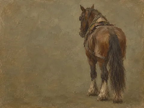 A working horse seen from behind in olive, taupe, charcoal, brown; landscape artwork.